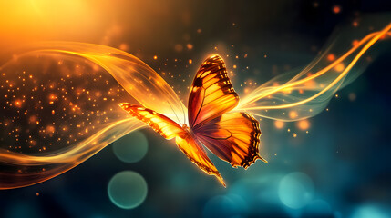Poster - Vibrant Orange Butterfly Dancing Through a Dreamy Background with Warm Glow and Sparkles in a Colorful Artistic Representation