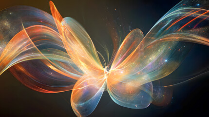 Poster - Abstract colorful butterfly design with flowing shapes and luminous trails on a dark background representing beauty and transformation in art