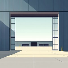 Poster - A minimalist view through a large industrial doorway, showcasing clean lines and geometric shapes.