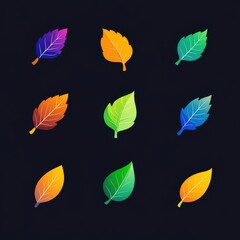 Poster - Colorful digital illustration of various leaves on a dark background, showcasing vibrant autumn hues.