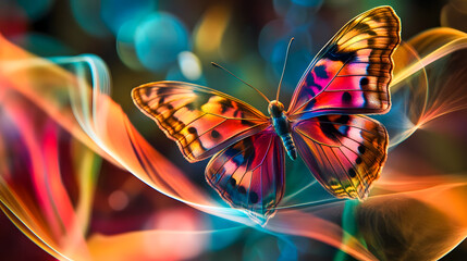 Poster - Colorful butterfly in flight with vibrant background of swirling colors and soft light effects creating a magical atmosphere