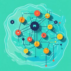 Aufkleber - Abstract network illustration with colorful nodes and connections over a teal background.