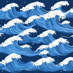 Poster - A vibrant pattern of crashing waves on a deep blue background, evoking a sense of ocean energy and movement.