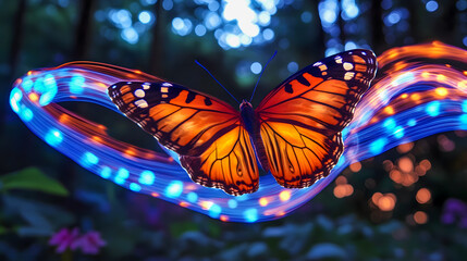 Poster - Vibrant Butterfly with Colorful Light Trails in Enchanted Forest Setting at Dusk, Nature's Beauty Captured with Incredible Detail