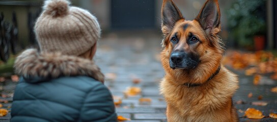 Child and German Shepherd dog outdoors in autumn.