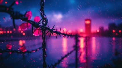 Wall Mural - Rain-drenched barbed wire fence with pink flowers at night.