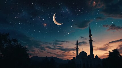 Majestic Night Sky Over Mosque Silhouette with Starry Background and Crescent Moon Illuminating the Horizon in Serene Landscape