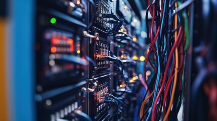 Poster - Close up view of colorful network cables connecting to servers in a modern data center, highlighting the complex infrastructure of internet connectivity