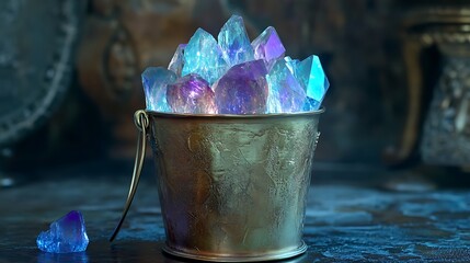 Wall Mural - Bucket with iridescent gemstone on room background