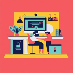 Poster - A colorful digital illustration of a diverse pair working together at a modern desk.
