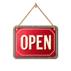 Aufkleber - A vintage red metal sign with the word OPEN hangs from a knotted rope indicating the business is open for customers.