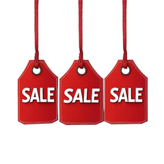 Aufkleber - Three red sale tags with white lettering hang from red strings against a white background.