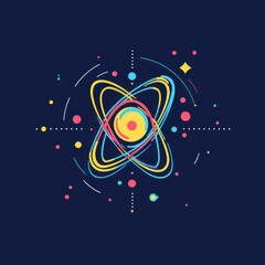 Poster - Colorful abstract representation of an atom on a deep blue background, symbolizing science and innovation.