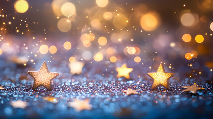 Poster - Sparkling Golden Stars on a Glittery Background with Soft Bokeh Lights for Festive Celebrations and Elegant Decor Themes