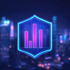 Poster - A vibrant digital shield with bar graphs, symbolizing data protection and security in a futuristic cityscape.