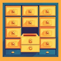 Poster - A colorful, illustrated yellow cabinet with one drawer open, showcasing a bright and playful design.