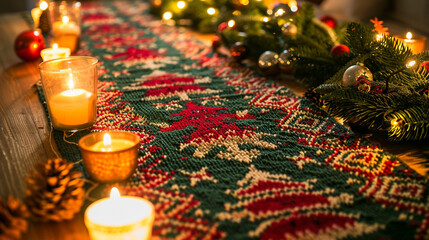 Poster - A festive hand-knit table runner with small, repeating reindeer and tree motifs in vibrant holiday colors, surrounded by candles and warm fairy lights.