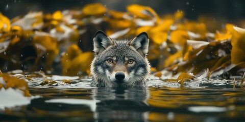 wolf swimming in seaweed