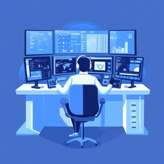 Poster - A focused male professional in a white shirt analyzes data on multiple monitors in a high-tech control room.