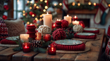 Poster - A festive table featuring chunky knit chair covers, knitted napkin rings in holiday colors, and a centerpiece of candles nestled in a bed of knitted fabric.