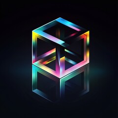 Poster - A vibrant, multicolored 3D cube with a glossy finish, set against a dark background, reflecting its intricate design.