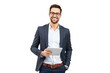 © The Stock Guy - Portrait of a professional, young handsome businessman holding a tablet, isolated on transparent background