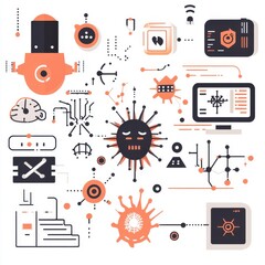 Poster - A vibrant abstract illustration featuring technology and virus motifs in orange and black hues.