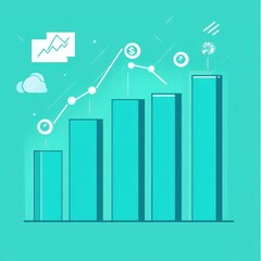 Poster - Stylized infographic showing rising bar graphs and financial growth indicators on a teal background.