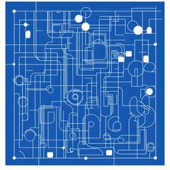 Poster - Abstract blue background with intricate white line patterns and geometric shapes.