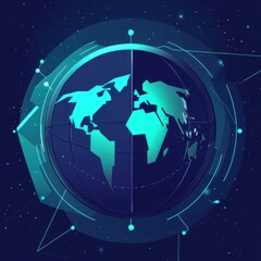 Poster - A modern, digital globe design in shades of blue and green, illuminated against a starry background.