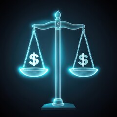 Poster - A glowing blue scale balancing money symbols, representing financial equity and justice.