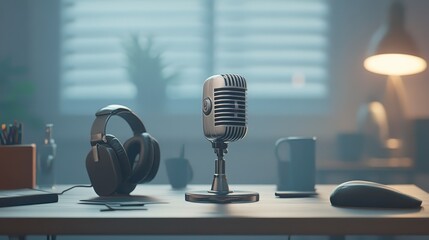 Poster - A microphone and headphones on a desk, suggesting a podcast or recording setup.