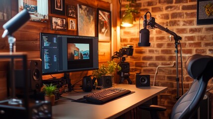 Poster - A modern workspace featuring a computer, microphone, and camera setup for content creation.