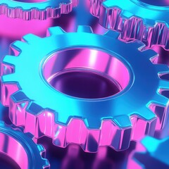 Poster - Close-up of shiny, metallic gears in vibrant purple and blue hues, creating a futuristic atmosphere.