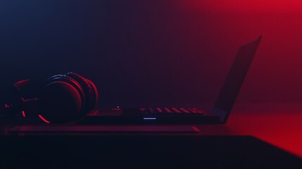Poster - A laptop with headphones in a dimly lit, colorful environment.