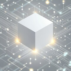 Fototapete - A glowing white cube surrounded by abstract digital circuitry and lights, symbolizing technology and innovation.