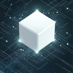 Fototapete - A 3D white cube surrounded by glowing circuitry, illustrating advanced technology and innovation.