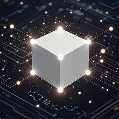 Fototapete - Abstract 3D cube with glowing edges, set against a dark, technical background filled with circuit patterns.