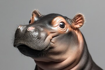 A baby hippopotamus gazes into the camera on a gray studio background