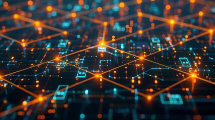 Poster - Abstract representation of a blockchain network, with interconnected nodes and glowing lines on a dark background