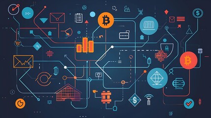 Poster - Abstract representation of decentralized finance with various financial icons connected by blockchain lines