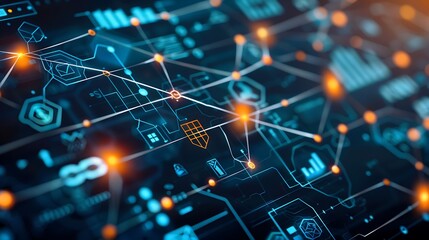 Poster - Abstract representation of decentralized finance with various financial icons connected by blockchain lines
