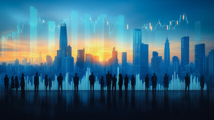 Poster - Cityscape of Dreams: Silhouetted figures stand before a vibrant cityscape at sunrise, overlaid with dynamic growth graphs, symbolizing ambition, progress.