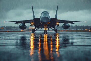 Rainy Runway: Fighter Jet on a Wet Asphalt in Stormy Weather