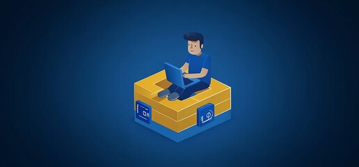 Man works on laptop, data cube, blue background
