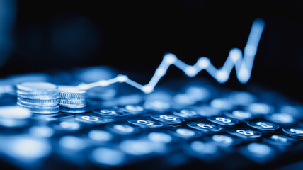 Poster - Financial Growth: A close-up shot of a calculator with a stack of coins and a glowing white graph line rising upwards, symbolizing the potential for financial growth and success.  