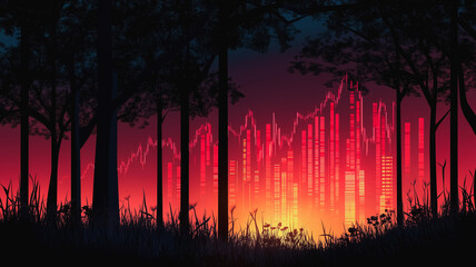 Poster - Forest Cityscape:  A surreal digital art piece depicting a glowing cityscape rising from a dark forest, with vibrant red and orange hues dominating the scene.