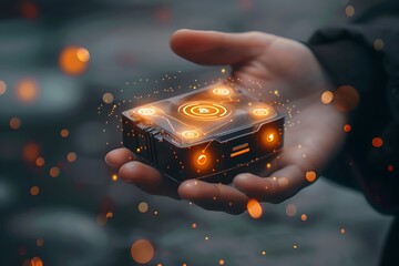 Poster - Close-up of a person's hand holding a hardware wallet, with digital currency symbols glowing around