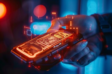 Poster - Close-up of a person's hand holding a hardware wallet, with digital currency symbols glowing around