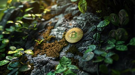 Poster - Conceptual image of a digital coin integrated into the natural environment, symbolizing eco-friendly cryptocurrency